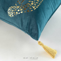 Coussin déhoussable en velours avec pompons et imprimé jaguar metallisé Baguera - Bleu - 30 x 50 cm