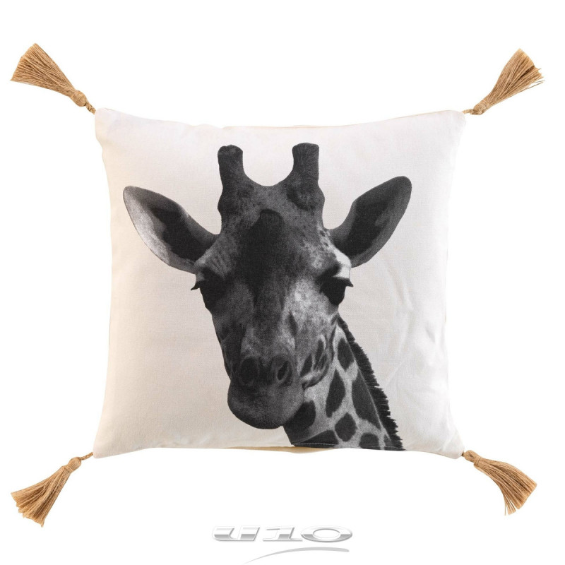Coussin déhoussable en coton avec pompons et imprimé tête de girafe Columba - Beige - 40 x 40 cm