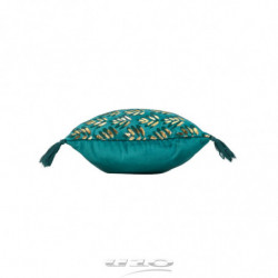 Coussin déhoussable en velours avec pompons et imprimé feuilles métalissées Evie - Bleu - 30 x 50 cm