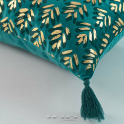 Coussin déhoussable en velours avec pompons et imprimé feuilles métalissées Evie - Bleu - 30 x 50 cm
