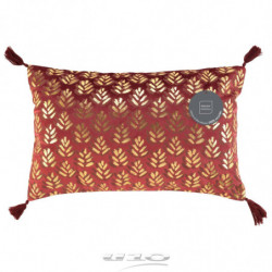 Coussin déhoussable en velours avec pompons et imprimé feuilles métalissées Evie - Rouge - 30 x 50 cm