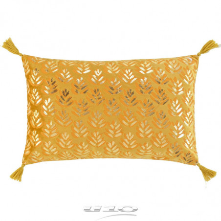 Coussin déhoussable en velours avec pompons et imprimé feuilles métalissées Evie - Jaune - 30 x 50 cm