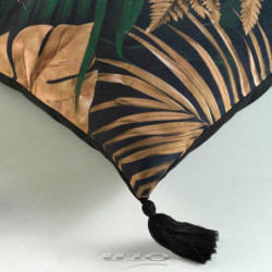 Coussin déhoussable en tissu avec pompons et imprimé végétal Folidor - Bleu - 45 x 45 cm