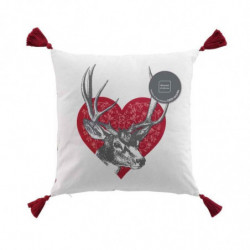 Coussin déhoussable en coton tissé avec pompons et motif coeur avec cerf Heidi - Blanc et Rouge - 40 x 40 cm