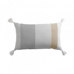 Coussin déhoussable en coton avec pompons et motif rayures Iliade - Gris et Beige - 30 x 50 cm