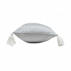 Coussin déhoussable en coton avec pompons et motif rayures Iliade - Gris et Beige - 30 x 50 cm