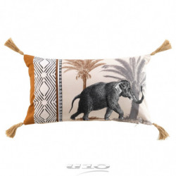 Coussin déhoussable en coton avec pompons et imprimé savane Kenya Lodge - 30 x 50 cm