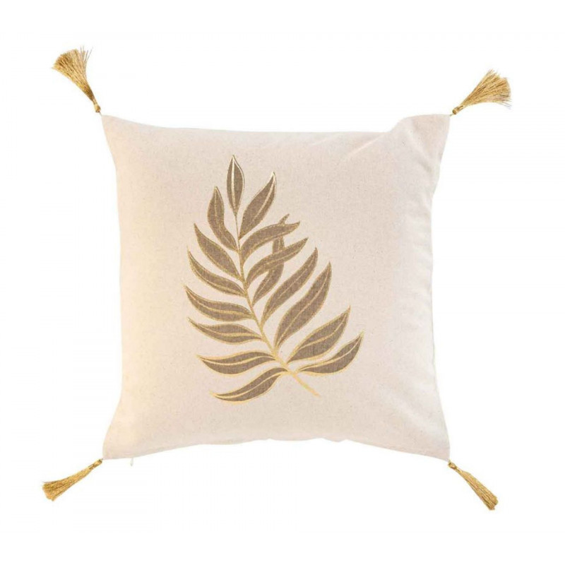 Coussin déhoussable en coton avec pompons et imprimé feuille métallisée Lorior - Beige et Doré - 40 x 40 cm