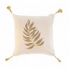 Coussin déhoussable en coton avec pompons et imprimé feuille métallisée Lorior - Beige et Doré - 40 x 40 cm
