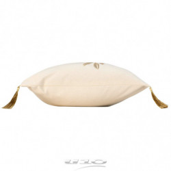 Coussin déhoussable en coton avec pompons et imprimé feuille métallisée Lorior - Beige et Doré - 40 x 40 cm