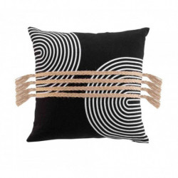 Coussin déhoussable en polycoton avec motif spirales et finition jute et pompons Milazzo - Noir - 40 x 40 cm