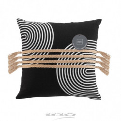 Coussin déhoussable en polycoton avec motif spirales et finition jute et pompons Milazzo - Noir - 40 x 40 cm