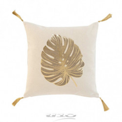 Coussin déhoussable en coton à pompons avec imprimé feuille tropicale Mogador - Beige et Doré - 40 x 40 cm