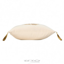 Coussin déhoussable en coton à pompons avec imprimé feuille tropicale Mogador - Beige et Doré - 40 x 40 cm