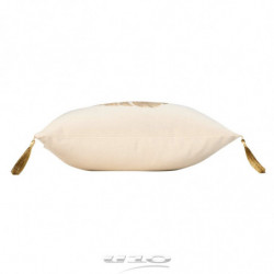 Coussin déhoussable en coton à pompons avec imprimé feuille tropicale Mogador - Beige et Doré - 40 x 40 cm