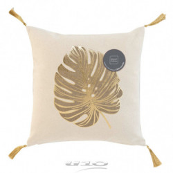 Coussin déhoussable en coton à pompons avec imprimé feuille tropicale Mogador - Beige et Doré - 40 x 40 cm