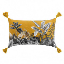 Coussin déhoussable en coton avec pompons et imprimé végétal Isibelle - Jaune - 30 x 50 cm