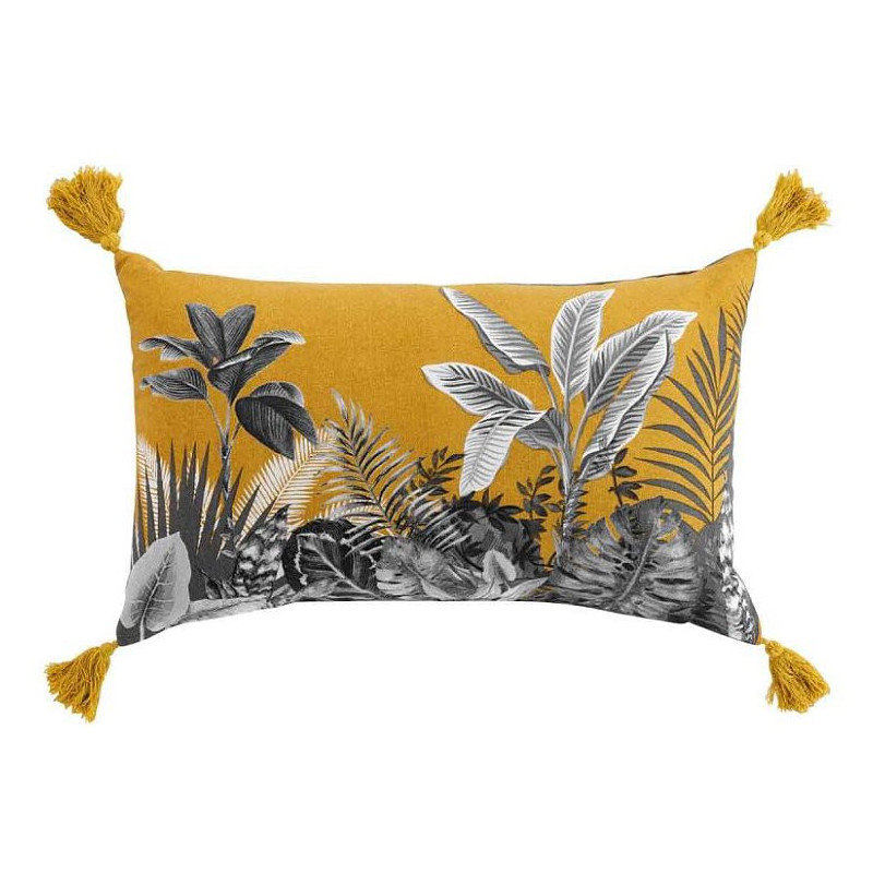 Coussin déhoussable en coton avec pompons et imprimé végétal Isibelle - Jaune - 30 x 50 cm