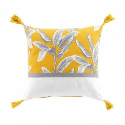 Coussin déhoussable en coton avec pompons et imprimé végétal Isibelle - Jaune - 40 x 40 cm