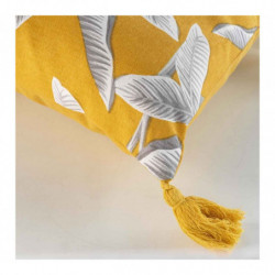 Coussin déhoussable en coton avec pompons et imprimé végétal Isibelle - Jaune - 40 x 40 cm