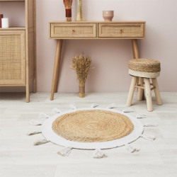 Tapis rond en jute avec pompons - Beige et blanc - D 80 cm