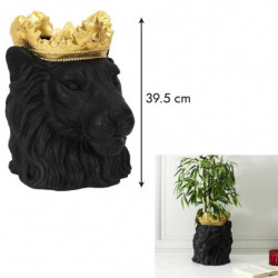 Cache pot tête de lion couronné en magnesia - Noir et doré - H 39,5 x D 30 cm