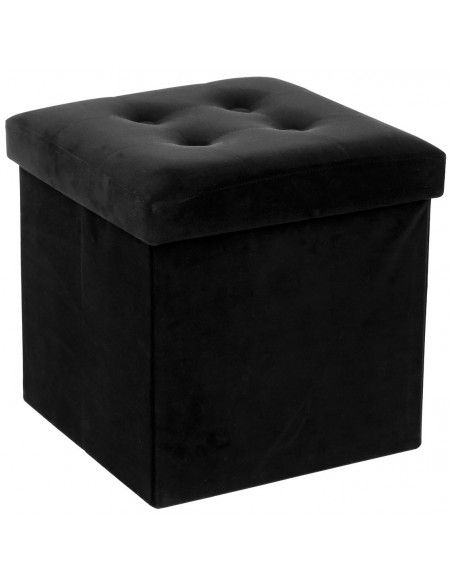 Pouf velours - Noir - Coffre de rangement pliable