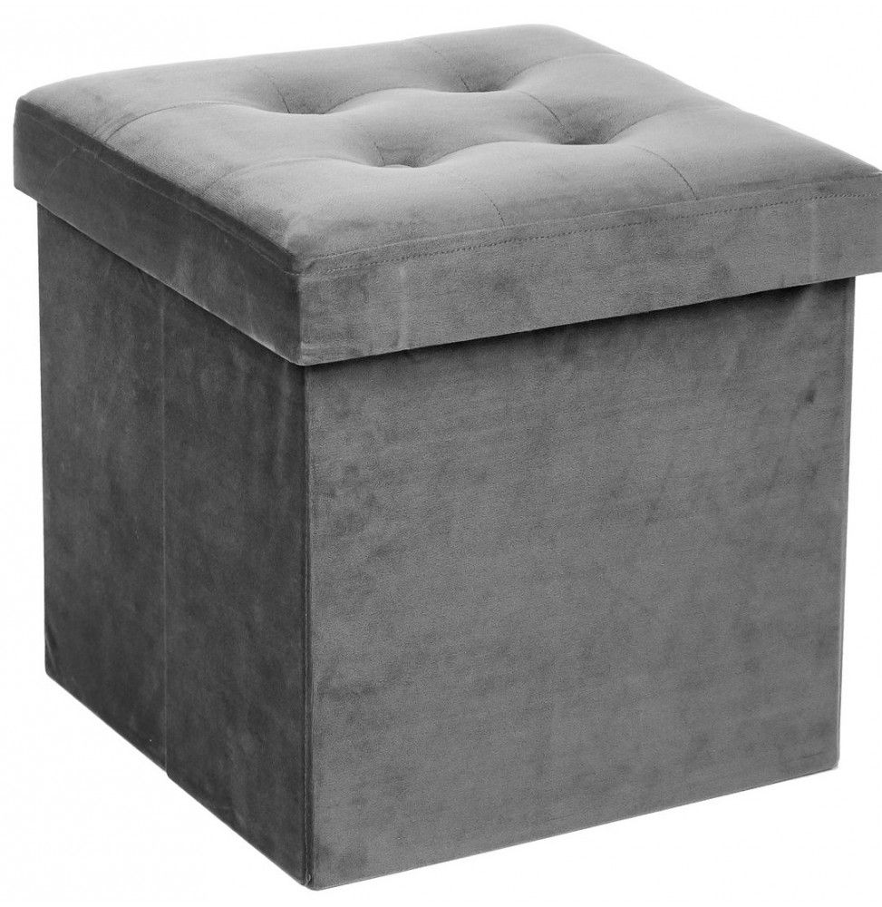 Pouf velours - Gris - Coffre de rangement pliable