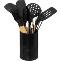 Set de 7 ustensiles avec pot en bois et plastique - Noir