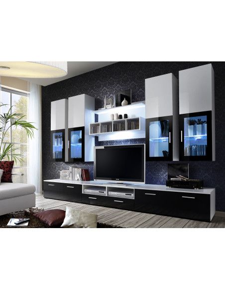 Ensemble meuble TV mural  - LYRA - 300 cm  x 190 cm x 45 cm - Blanc et noir