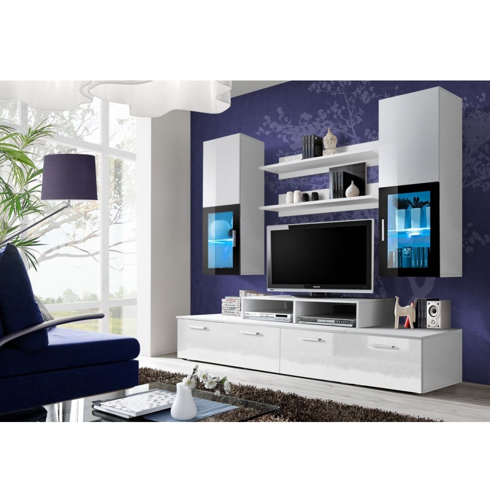 Ensemble meuble TV mural  - MINI - 200 cm x 190 cm x 45 cm - Blanc