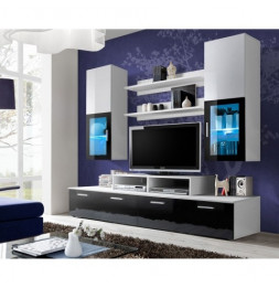 Ensemble meuble TV mural  - MINI - 200 cm x 190 cm x 45 cm - Blanc et noir