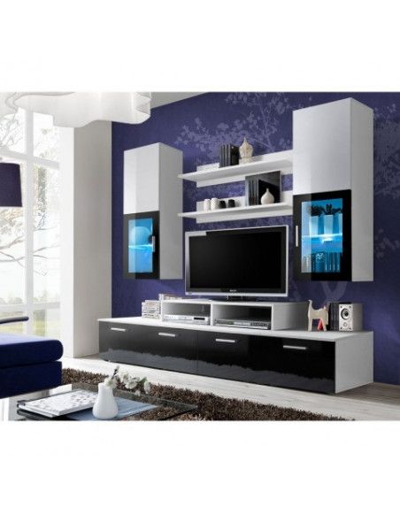 Ensemble meuble TV mural  - MINI - 200 cm x 190 cm x 45 cm - Blanc et noir