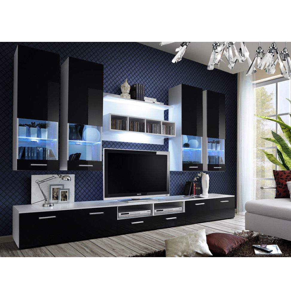 Ensemble meuble TV mural - Dorade - L 100 cm - 5 éléments - Blanc et noir