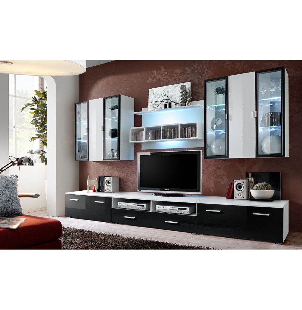 Ensemble meuble TV mural  - Quadro - L 120 cm - 5 élements - Blanc et noir
