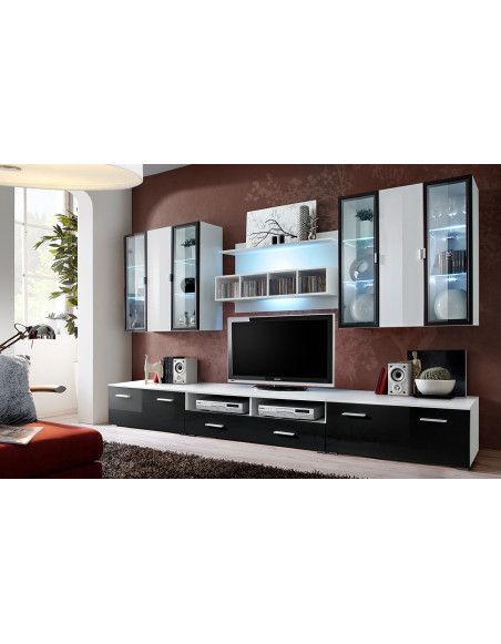 Ensemble meuble TV mural  - Quadro - L 120 cm - 5 élements - Blanc et noir