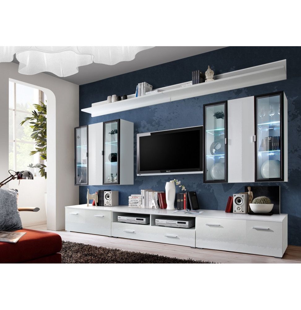 Ensemble meuble TV mural  - Iceland - L 120 cm - 5 élements - Blanc