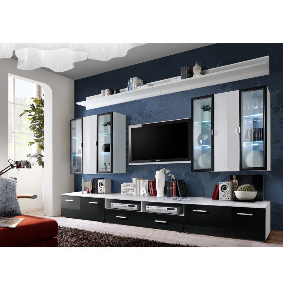 Ensemble meuble TV mural  - Iceland - L 120 cm - 5 élements - Blanc et noir