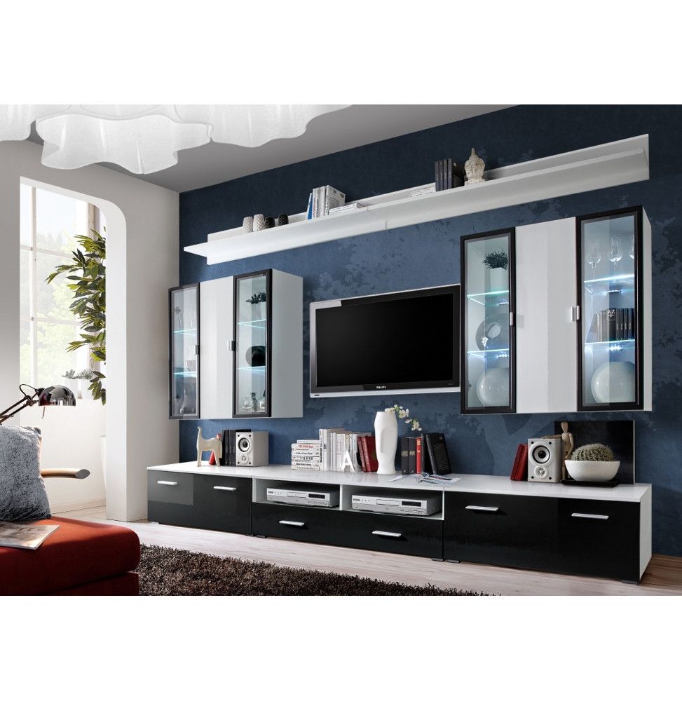Ensemble meuble TV mural - Iceland - L 120 cm - 5 élements - Blanc et noir