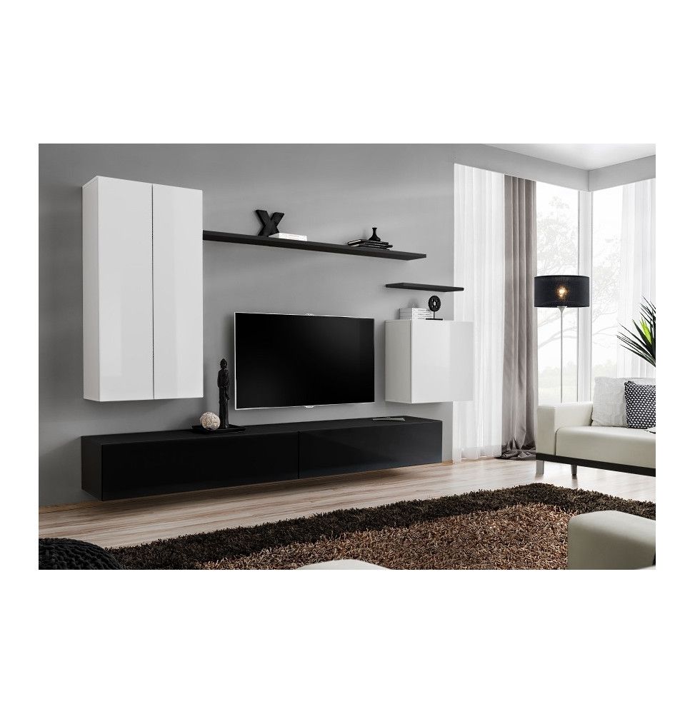 Ensemble meuble TV mural  - Switch II - 270 cm x 160 cm x 40 cm - Blanc et noir