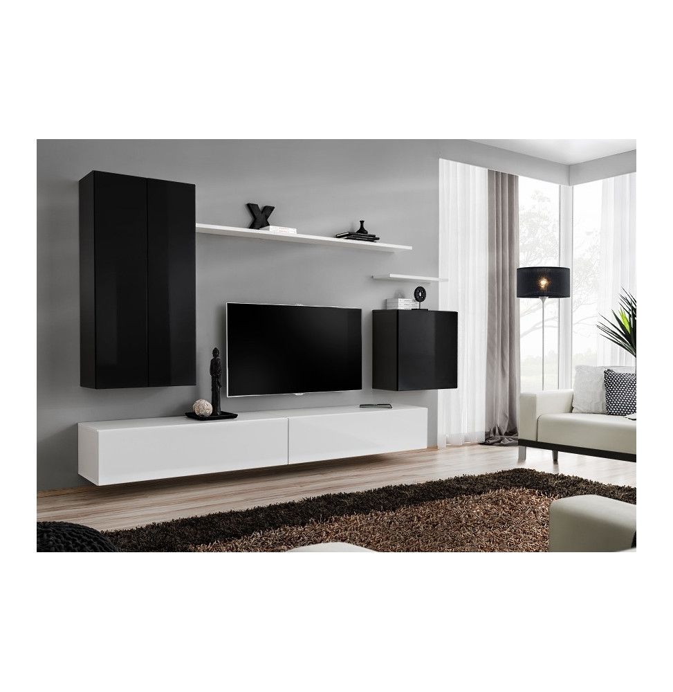 Ensemble meuble TV mural  - Switch II - 270 cm x 160 cm x 40 cm - Noir et blanc