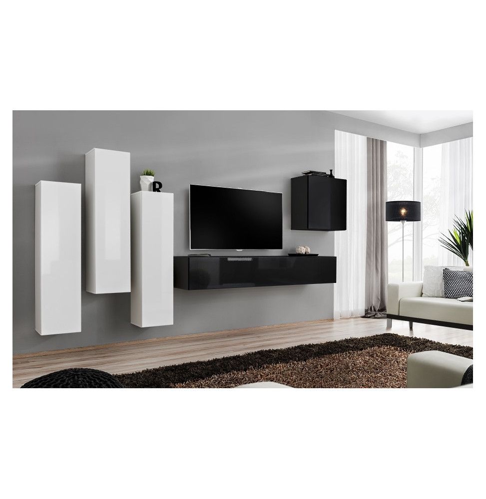 Ensemble meuble TV mural  - Switch III - 330 cm  x 160 cm x 40 cm - Blanc et noir