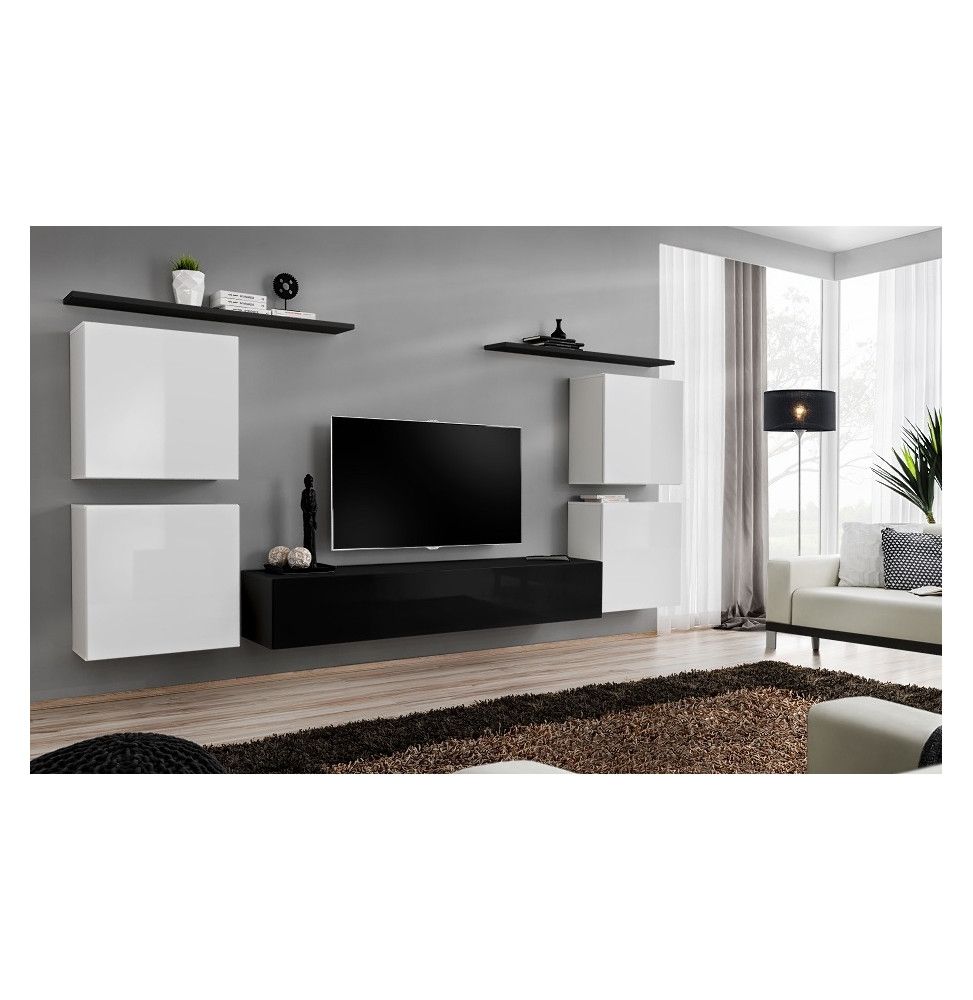 Ensemble meuble TV mural  - Switch IV - 320 cm  x 150 cm x 40 cm - Blanc et noir