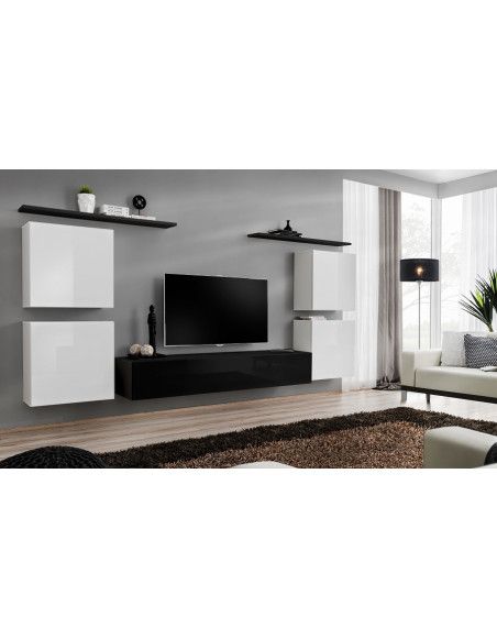 Ensemble meuble TV mural  - Switch IV - 320 cm  x 150 cm x 40 cm - Blanc et noir