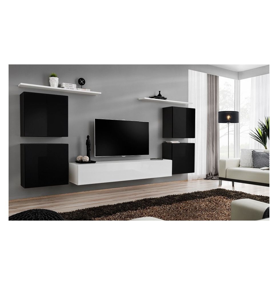 Ensemble meuble TV mural  - Switch IV - 320 cm  x 150 cm x 40 cm - Noir et blanc