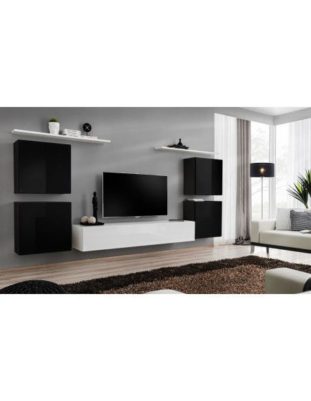 Ensemble meuble TV mural  - Switch IV - 320 cm  x 150 cm x 40 cm - Noir et blanc