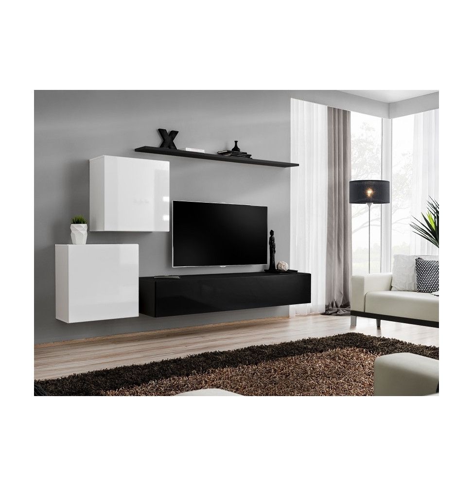 Ensemble meuble TV mural  - Switch V - 250 cm  x 150 cm  x 40 cm - Blanc et noir