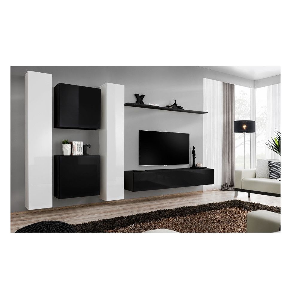 Ensemble meuble TV mural  - Switch VI - 330 cm  x 180 cm x 40 cm - Blanc et noir