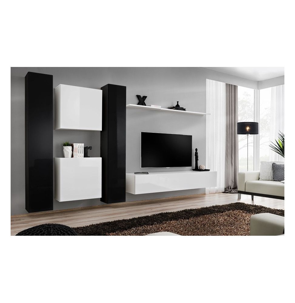 Ensemble meuble TV mural  - Switch VI - 330 cm  x 180 cm x 40 cm - Noir et blanc