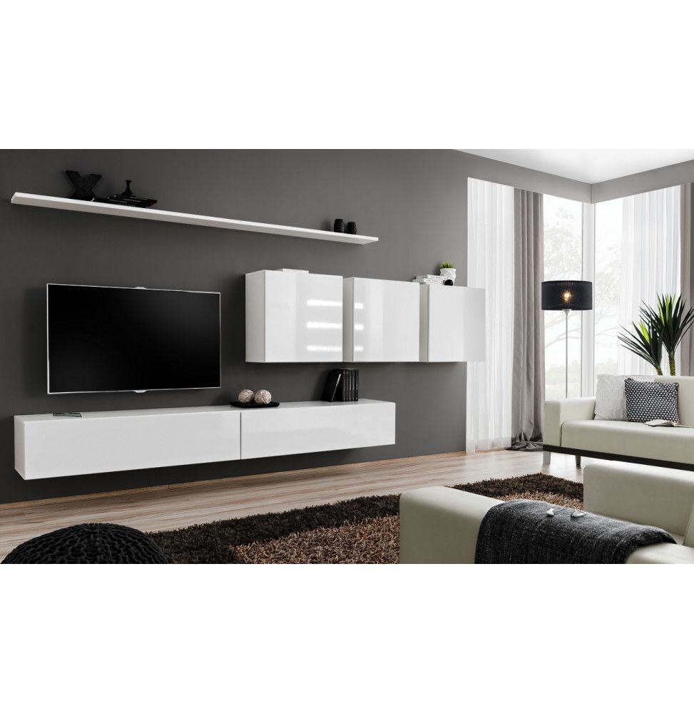 Ensemble meuble TV mural - Switch VII - 340 cm x 150 cm x 40 cm - Blanc